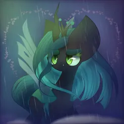 Size: 2200x2200 | Tagged: source needed, safe, artist:miryelis, derpibooru import, queen chrysalis, changeling, pony, g4, crown, cute, cutealis, hair, heart, high res, image, jewelry, jpeg, looking at something, rain, regalia, sad, sadorable, simple background, smiling, solo, standing, wings