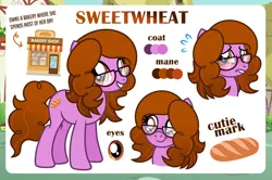 Size: 1200x798 | Tagged: safe, artist:jennieoo, derpibooru import, oc, oc:sweetwheat, earth pony, pony, blushing, bread, confused, food, glasses, image, looking at you, lying, png, ponyloaf, prone, reference, reference sheet, show accurate, simple background, smiling, smiling at you, smirk, solo, vector