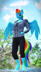 Size: 2160x3840 | Tagged: safe, artist:szczerbix, derpibooru import, rainbow dash, anthro, pegasus, unguligrade anthro, g4, 3d, clothes, hand in pocket, high res, hoodie, image, png, solo, source filmmaker