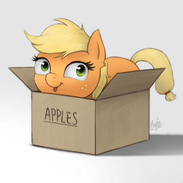 Size: 1000x1000 | Tagged: safe, artist:magfen, derpibooru import, applejack, earth pony, pony, g4, :p, box, commission, cute, female, freckles, hatless, if i fits i sits, image, jackabetes, mare, missing accessory, png, pony in a box, silly, silly pony, simple background, solo, tongue out, weapons-grade cute, white background, who's a silly pony, ych example, your character here