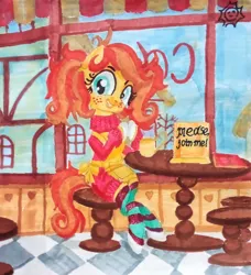 Size: 1280x1404 | Tagged: safe, artist:magnifsunspiration, derpibooru import, oc, oc:smiling sun, unofficial characters only, earth pony, pony, clothes, earth pony oc, female, grin, image, jpeg, mare, pigtails, sitting, smiling, solo, stool, table, traditional art, twintails