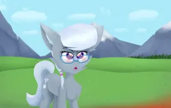 Size: 4260x2700 | Tagged: safe, artist:toxinagraphica, derpibooru import, silver spoon, cloud pony, earth pony, pony, g4, cheek fluff, chest fluff, cloud, dead space, ear fluff, elastic, eyebrows, eyelashes, female, fluffy, glasses, grass, high res, hill, image, mare, marker (dead space), mountain, obelisk, open mouth, png, red light, shocked, solo, surprised, tree