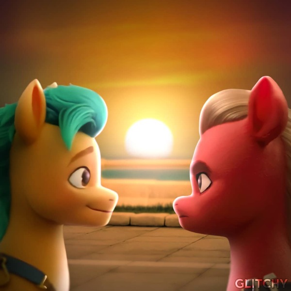 Size: 1080x1080 | Tagged: safe, derpibooru import, edit, edited screencap, editor:theglitchyme, screencap, hitch trailblazer, sprout cloverleaf, earth pony, pony, g5, my little pony: a new generation, duo, duo male, gay, image, jpeg, looking at each other, looking at someone, male, maretime bay, ship:clovertrail, shipping, stallion, sunset