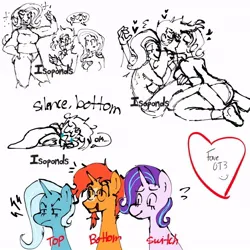 Size: 640x640 | Tagged: safe, artist:isoponds, derpibooru import, starlight glimmer, sunburst, trixie, human, pony, unicorn, g4, bisexual, female, femdom, glasses, heart, humanized, image, jpeg, kissing, lesbian, male, malesub, polyamory, ship:startrixburst, ship:trixburst, shipping, smiling, starburst, startrix, straight, submissive, sunburst gets all the mares, sunburst's glasses