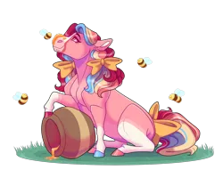 Size: 2000x1600 | Tagged: safe, artist:uunicornicc, derpibooru import, oc, bee, earth pony, insect, pony, female, food, honey, image, jar, mare, png, simple background, solo, transparent background