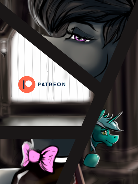 Size: 900x1200 | Tagged: safe, artist:stirren, derpibooru import, lyra heartstrings, octavia melody, earth pony, pony, unicorn, g4, advertisement, bedroom eyes, bowtie, duo, image, latex, looking at you, patreon, patreon logo, png, teaser