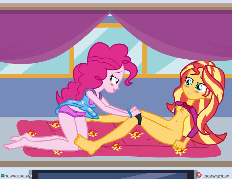 Size: 1500x1159 | Tagged: questionable, artist:dieart77, derpibooru import, pinkie pie, sunset shimmer, equestria girls, g4, assisted exposure, barefoot, belly, belly button, black underwear, blushing, braless, breasts, clothes, equestria girls specials, feet, female, frilly underwear, image, jpeg, lesbian, my little pony equestria girls: sunset's backstage pass, nipples, nudity, pajamas, panties, pink underwear, ship:sunsetpie, shipping, shirt, shirt lift, skirt, underwear, undressing, upskirt