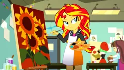 Size: 1920x1080 | Tagged: safe, derpibooru import, screencap, sunset shimmer, eqg summertime shorts, equestria girls, g4, the art of friendship, female, image, my little pony equestria girls: summertime shorts, paint, paintbrush, painting, png