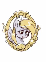 Size: 1200x1600 | Tagged: safe, artist:noupie, derpibooru import, derpy hooves, pony, g4, bust, food, horseshoes, image, jewelry, jpeg, muffin, portrait, simple background, solo, white background