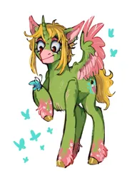 Size: 1279x1727 | Tagged: safe, artist:karamboll, derpibooru import, oc, oc:soft breeze, alicorn, pony, colored, curly hair, ear piercing, earring, eyelashes, green fur, image, jewelry, makeup, male, piercing, png, sketch, spread wings, wings