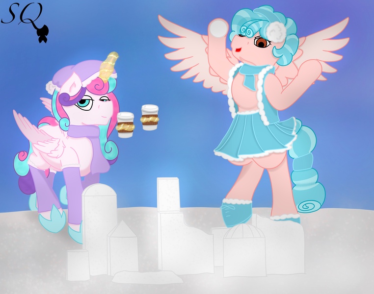 Size: 3636x2864 | Tagged: safe, artist:snow quill, derpibooru import, cozy glow, princess flurry heart, g4, a better ending for cozy, boots, clothes, coffee cup, commission, cup, earmuffs, evil grin, eyeroll, female, flying, grin, hat, high res, image, jpeg, lesbian, magic, scarf, ship:cozyheart, shipping, shoes, skirt, smiling, snow, snowball, socks, telekinesis, walking, winter, winter hat, winter outfit