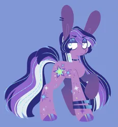 Size: 1757x1895 | Tagged: safe, artist:glowfangs, derpibooru import, twinkle hope, earth pony, pony, g3, g4, big ears, blue background, bracelet, choker, colored hooves, ear piercing, earring, eyeshadow, female, g3 to g4, generation leap, hoof polish, image, jewelry, lidded eyes, magical lesbian spawn, makeup, mare, offspring, parent:princess luna, parent:twilight sparkle, parents:twiluna, piercing, png, raised hoof, simple background, solo