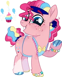 Size: 1280x1593 | Tagged: safe, artist:rickysocks, derpibooru import, pinkie pie, earth pony, pony, g4, alternate design, apron, balloon, bracelet, chubby, clothes, cupcake, food, freckles, gritted teeth, image, jewelry, looking at you, png, simple background, solo, transparent background