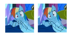 Size: 800x400 | Tagged: safe, derpibooru import, edit, edited screencap, screencap, rainbow dash, pegasus, pony, do princesses dream of magic sheep, g4, anatomy, bed, image, png, scared