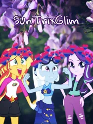 Size: 640x853 | Tagged: safe, artist:suntrixglim, derpibooru import, starlight glimmer, sunset shimmer, trixie, equestria girls, g4, belt, bisexual pride flag, clothes, equestria girls specials, female, flower, glasses, gritted teeth, heart, image, irl, jpeg, lesbian, looking at you, my little pony equestria girls: better together, my little pony equestria girls: forgotten friendship, my little pony equestria girls: legend of everfree, open mouth, open smile, photo, polyamory, pride, pride flag, sarong, shipping, smiling, stars, startrixset, swimsuit, watch