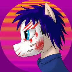 Size: 1593x1593 | Tagged: semi-grimdark, artist:enteryourponyname, derpibooru import, ponified, earth pony, pony, blood, blood on face, blood stains, clothes, hockey mask, image, mask, png, psycho, shirt, simple background, solo