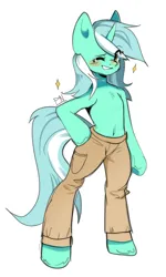 Size: 900x1502 | Tagged: safe, artist:pledus, derpibooru import, lyra heartstrings, pony, semi-anthro, unicorn, g4, arm hooves, belly button, bipedal, blushing, clothes, cute, female, image, looking at you, lyrabetes, one eye closed, pants, png, simple background, smiling, solo, that pony sure does love humans, white background, wink