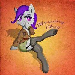 Size: 1080x1080 | Tagged: safe, artist:fajnyziomal, derpibooru import, oc, oc:morning glory (project horizons), unofficial characters only, pegasus, pony, bedroom eyes, belt, cheek fluff, clothes, colored pupils, commission, female, full body, garter belt, garters, gradient background, image, looking at you, mare, pegasus oc, pinup, png, raised hoof, raised leg, shirt, signature, sitting, skirt, smiling, smiling at you, socks, solo, stockings, thigh highs, three quarter view, underhoof, wingless, wings, zettai ryouiki