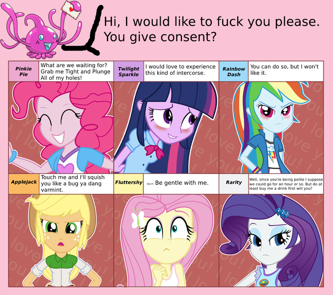 Size: 1000x888 | Tagged: suggestive, artist:luckreza8, derpibooru import, applejack, fluttershy, pinkie pie, rainbow dash, rarity, sci-twi, twilight sparkle, equestria girls, g4, 6 pony meme, consentacles, denied, exploitable meme, humane five, humane six, image, imminent tentacle sex, meme, png, tentacle porn, tentaclepie, tentacles, tsunderainbow, tsundere