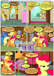 Size: 868x1230 | Tagged: semi-grimdark, artist:dziadek1990, derpibooru import, edit, edited screencap, screencap, apple bloom, applejack, cotton cloudy, dinky hooves, drizzle, minuette, pony, call of the cutie, g4, comic, conversation, dialogue, female, filly, foal, image, mare, out of character, png, reference, screencap comic, slavery, text