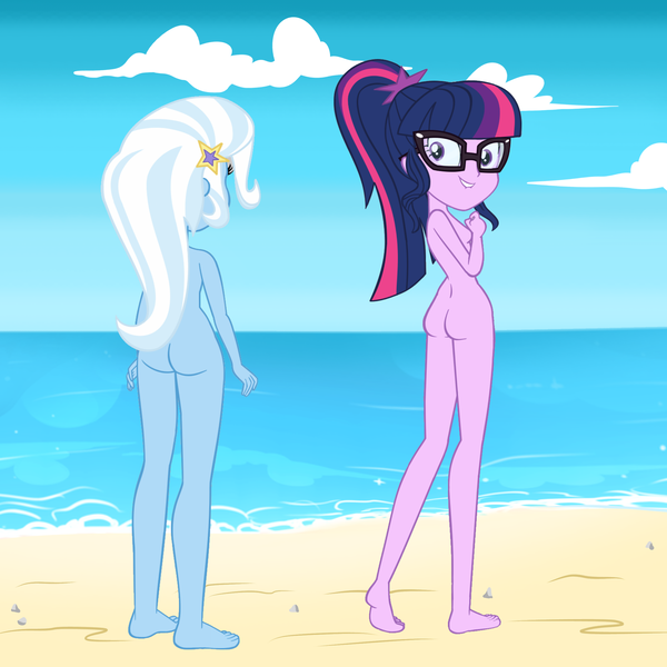 Size: 2500x2500 | Tagged: suggestive, artist:invisibleink, artist:pizzamovies, derpibooru import, edit, sci-twi, trixie, twilight sparkle, equestria girls, g4, ass, barefoot, beach, breasts, butt, cloud, cutie mark hair accessory, feet, female, glasses, high res, image, lesbian, lip bite, looking back, nude beach, nudist, nudity, outdoors, png, ponytail, rear view, sand, scitwixie, ship:sci-twixie, shipping, sideboob, sky, standing, twixie, unembarrassed nude female, water