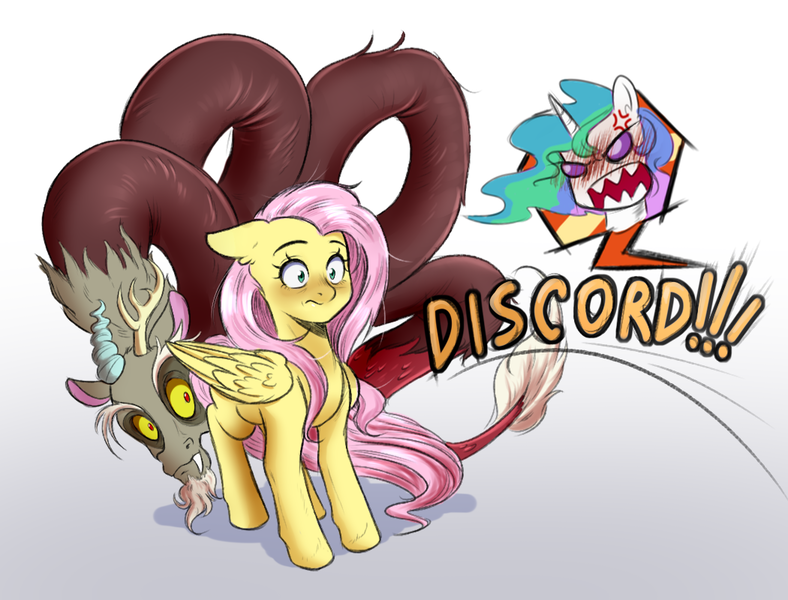 Size: 1050x800 | Tagged: safe, artist:gloomydinosaur, derpibooru import, discord, fluttershy, princess celestia, alicorn, draconequus, pegasus, pony, g4, angry, blushing, cowering, cross-popping veins, female, floppy ears, hiding, image, male, mare, offscreen character, png, rage, shadow, simple background, snaggletooth, text, this will end in a trip to the moon, this will end in death, this will end in petrification, this will end in tears, this will end in tears and/or death, white background