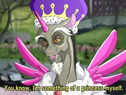 Size: 1050x800 | Tagged: safe, artist:gloomydinosaur, derpibooru import, discord, draconequus, g4, twilight's kingdom, crown, fake horn, fake wings, horn, image, jewelry, male, marvel, meme, norman osborn, outdoors, parody, png, princess discord, regalia, simple background, solo, spider-man, text, willem dafoe