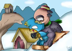 Size: 1280x923 | Tagged: safe, artist:beesmeliss, derpibooru import, gallus, grampa gruff, gryphon, g4, chibi, image, jpeg, snow, snowboard