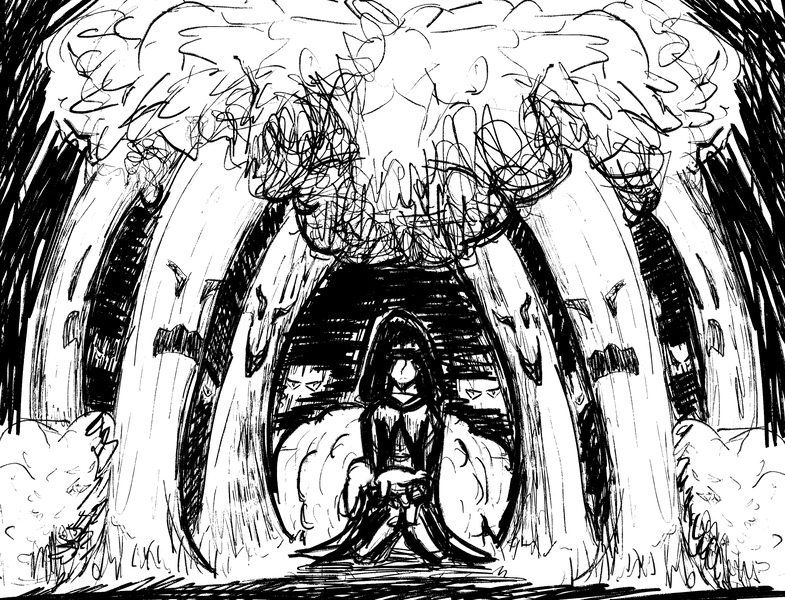 Size: 3602x2754 | Tagged: safe, artist:datzigga, derpibooru import, oc, oc:anon, human, death, everfree forest, high res, image, jpeg, monochrome, mourning, scary tree, solo, tree