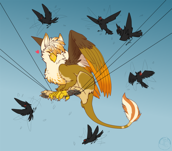 Size: 1200x1050 | Tagged: safe, artist:carifoxleopard, derpibooru import, oc, oc:ember burd, bird, gryphon, angry, beak, behaving like a bird, colored wings, cute, eared griffon, ears, eyes closed, feather, feathered wings, flying, fur, gradient wings, griffon oc, griffons doing bird things, group, heart, image, leonine tail, male, multicolored wings, paw pads, paws, png, power line, sitting, size difference, smiling, tail, underpaw, wings, wires