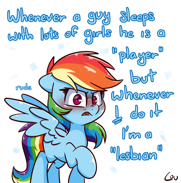 Size: 1544x1562 | Tagged: suggestive, artist:lou, derpibooru import, rainbow dash, pegasus, pony, g4, blushing, dialogue, female, floppy ears, frown, image, implied lesbian, looking at you, mare, meme, monologue, open mouth, png, rainbow dumb, raised hoof, solo, spread wings, talking, wings