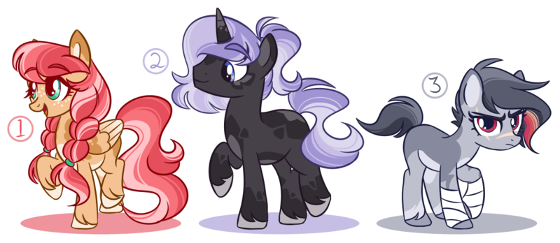 Size: 1150x500 | Tagged: safe, artist:randbrip, derpibooru import, oc, unofficial characters only, earth pony, pegasus, pony, unicorn, braided pigtails, coat markings, earth pony oc, female, freckles, frown, horn, image, male, mare, offspring, open mouth, open smile, parent:big macintosh, parent:fluttershy, parent:quibble pants, parent:rainbow dash, parent:rarity, parent:thunderlane, parents:fluttermac, parents:quibbledash, parents:rarilane, pegasus oc, png, raised hoof, scar, simple background, smiling, sports tape, stallion, transparent background, trio, unicorn oc, unshorn fetlocks, wings