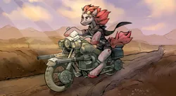 Size: 1280x696 | Tagged: safe, artist:jekeita, derpibooru import, oc, unofficial characters only, earth pony, semi-anthro, arm hooves, clothes, goggles, gun, image, motorcycle, png, post-apocalyptic, solo, weapon