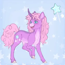 Size: 1024x1024 | Tagged: safe, artist:jadejellie, derpibooru import, oc, oc:lolli star, unofficial characters only, pony, unicorn, eyebrows, eyebrows visible through hair, female, horn, image, jpeg, magical lesbian spawn, mare, offspring, open mouth, open smile, parent:pinkie pie, parent:twilight sparkle, parents:twinkie, raised hoof, smiling, solo, unicorn oc