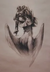 Size: 748x1080 | Tagged: semi-grimdark, artist:charlot, derpibooru import, oc, oc:cogwheel snowflake, unofficial characters only, pegasus, pony, blood, female, guts, horror, image, jpeg, madness, monochrome, scar, sketch, solo, traditional art