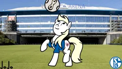 Size: 1280x720 | Tagged: safe, artist:jojodidu, derpibooru import, oc, oc:aryanne, unofficial characters only, earth pony, pony, ball, base used, blue eyes, clothes, earth pony oc, emblem, female, football, gelsenkirchen, germany, image, irl, looking up, nazi, nazipone, north rhine-westphalia, photo, png, ponies in real life, schalke 04, shirt, smiling, solo, sports, stadium