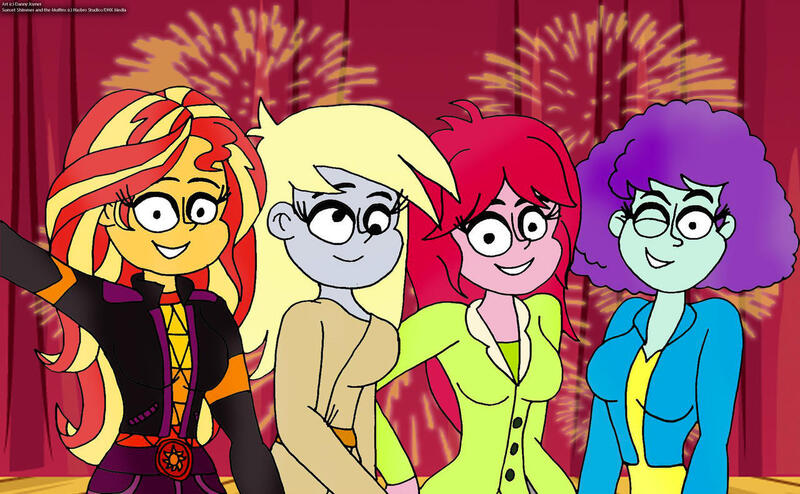 Size: 1280x790 | Tagged: safe, artist:rdj1995, derpibooru import, blueberry pie, derpy hooves, raspberry fluff, sunset shimmer, equestria girls, g4, female, fireworks, group, happy new year, holiday, image, jpeg, quartet, the muffins