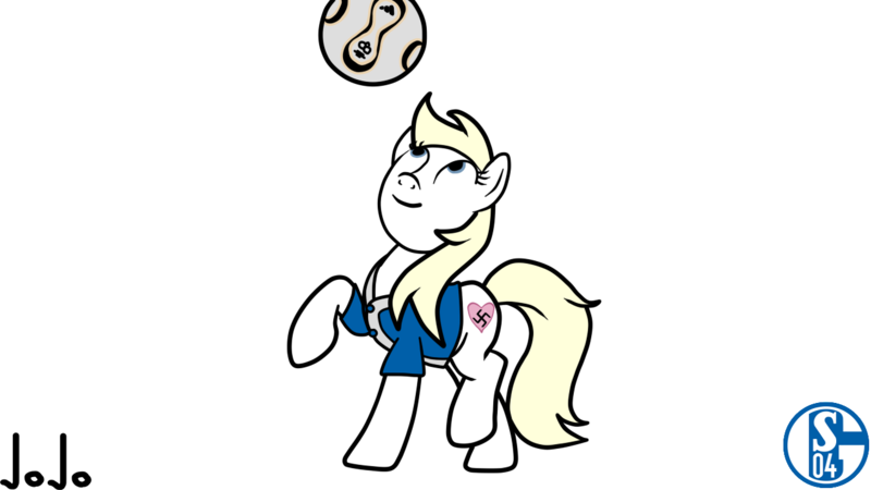 Size: 1280x720 | Tagged: safe, artist:jojodidu, derpibooru import, oc, oc:aryanne, unofficial characters only, earth pony, pony, ball, base used, blue eyes, clothes, earth pony oc, emblem, female, football, image, looking up, nazi, nazipone, png, schalke 04, shirt, smiling, solo, sports