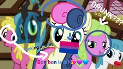 Size: 739x415 | Tagged: safe, derpibooru import, edit, edited screencap, screencap, bon bon, cherry berry, daisy, flower wishes, lemon hearts, lightning bolt, queen chrysalis, sweetie drops, white lightning, changeling, changeling queen, earth pony, pegasus, pony, unicorn, g4, season 1, the ticket master, 1000 hours in ms paint, 1000 years in photoshop, animation error, bad edit, bisexual, bisexual pride flag, bruh, caption, changeling horn, crown, drunk, emoji, eyes on the prize, faic, fake, faker than a three dollar bill, female, floppy ears, group, horn, image, insect wings, jewelry, lips, lipstick, looking at butt, looking at you, lowres, mare, not salmon, open mouth, png, pride, pride flag, question mark, regalia, text, troll, trolling, wat, wings, youtube thumbnails be like