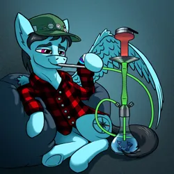 Size: 1920x1920 | Tagged: safe, artist:tsswordy, derpibooru import, oc, oc:leo hawk, oc:seashore tornado, unofficial characters only, merpony, pegasus, pony, cap, clothes, drugs, hat, high, hookah, image, male, png, smiling, smoking, swimming, wings