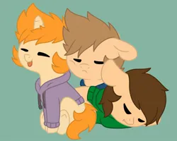 Size: 1026x821 | Tagged: safe, artist:scarecrowkitty, derpibooru import, ponified, earth pony, pegasus, pony, unicorn, base used, clothes, derpibooru exclusive, edd gould (eddsworld), eddsworld, eyes closed, green background, hoodie, image, jpeg, matt (eddsworld), simple background, tom (eddsworld)