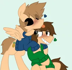 Size: 616x602 | Tagged: safe, artist:scarecrowkitty, derpibooru import, ponified, earth pony, pegasus, pony, base used, black sclera, blushing, clothes, derpibooru exclusive, duo, duo male, edd gould (eddsworld), eddsworld, eye clipping through hair, gay, green background, grin, happy, heart, hoodie, hug, image, jpeg, looking at each other, looking at someone, male, shipping, simple background, smiling, smiling at each other, spread wings, stallion, tom (eddsworld), tomedd, tongue out, wings