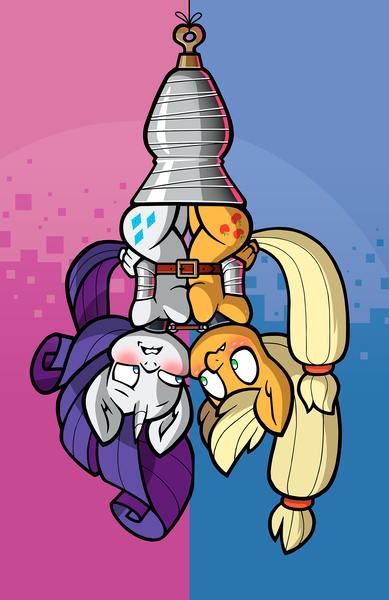 Size: 1429x2203 | Tagged: questionable, alternate version, artist:toonbat, derpibooru import, edit, part of a set, applejack, rarity, anthro, earth pony, unicorn, g4, alternate character, arm behind back, belt, blushing, bondage, boob freckles, bound together, breast squish, breasts, breasts touching, busty applejack, busty rarity, butt freckles, cheek to cheek, chest freckles, collar, duality, duo, female, freckles, hanging, hanging upside down, image, lesbian, linked collars, png, rarijack, shipping, suspended, suspension bondage, symmetrical docking, tape, tape bondage, toonbat's wrapped pony collection, upside down