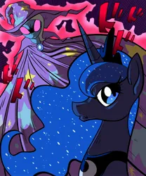 Size: 2500x3000 | Tagged: safe, artist:swagstapiece, derpibooru import, princess luna, trixie, alicorn, pony, unicorn, g4, blank eyes, bust, cape, clothes, duo, female, hat, high res, image, jojo's bizarre adventure, jpeg, katakana, mare, menacing, stand, trixie's cape, trixie's hat