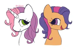 Size: 2667x1714 | Tagged: safe, artist:risswm, derpibooru import, scootaloo (g3), sweetie belle (g3), earth pony, pony, unicorn, g3, bust, cute, duo, eyelashes, female, g3 cutealoo, g3 diasweetes, image, looking at each other, looking at someone, mare, multicolored hair, open mouth, open smile, png, signature, simple background, smiling, two toned mane, white background