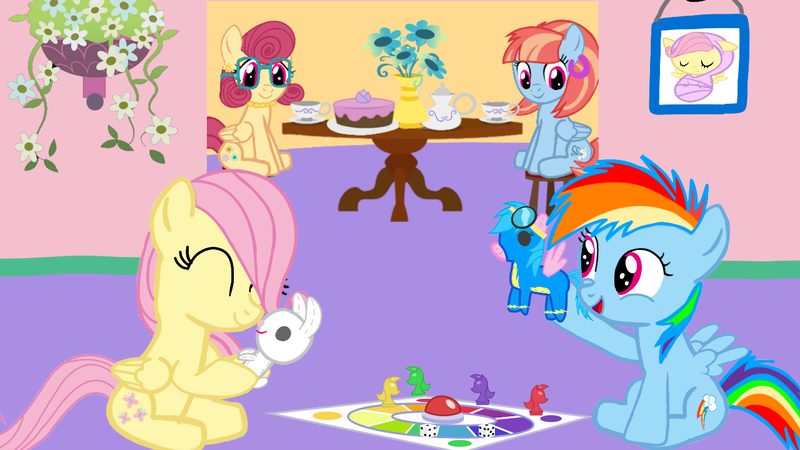 Size: 1280x720 | Tagged: safe, artist:mlplary6, derpibooru import, firefly, fluttershy, posey shy, rainbow dash, windy whistles, pegasus, pony, rabbit, g4, animal, female, filly, filly fluttershy, filly rainbow dash, foal, food, friends, image, play date, playing, png, toy, wonderbolts, younger