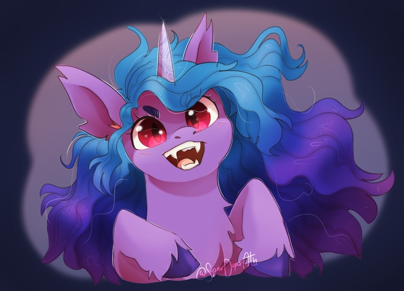 Size: 1070x772 | Tagged: safe, artist:superduperath, derpibooru import, izzy moonbow, bat pony, bat pony unicorn, hybrid, pony, unicorn, g5, my little pony: a new generation, bat ponified, fangs, female, horn, image, izzy moonbat, jpeg, mare, race swap, solo