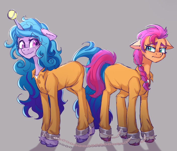 Size: 3459x2953 | Tagged: safe, artist:yumkandie, derpibooru import, izzy moonbow, sunny starscout, earth pony, pony, unicorn, g5, my little pony: a new generation, ankle chain, ball, clothes, crying, cuffed, duo, duo female, female, floppy ears, high res, horn, hornball, image, izzy's tennis ball, nervous, never doubt rainbowdash69's involvement, png, prison outfit, prisoner, prisoner im, prisoner ss, shirt, sweat, sweatdrops, tennis ball, undershirt