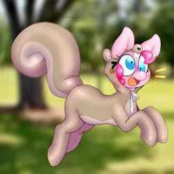 Size: 1587x1587 | Tagged: safe, artist:mclovin, derpibooru import, pinkie pie, earth pony, pony, squirrel, g4, animal costume, clothes, costume, derp, emanata, female, image, jpeg, kigurumi, mare, open mouth, open smile, outdoors, smiling, solo, tail, tail wag, zipper