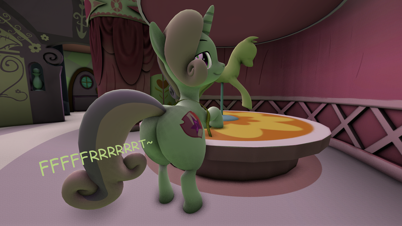 Size: 1280x720 | Tagged: suggestive, artist:acid flask, derpibooru import, edit, editor:thedarkpony, sweetie belle, g4, 3d, butt, carousel boutique, fart, fart edit, fart noise, female, image, large butt, onomatopoeia, plot, png, sound effects, sweetie butt